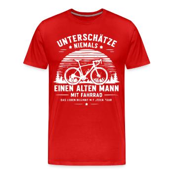 Unterschätze niemals alten Mann mit Fahrrad - Männer Premium Bio T-Shirt - Rot - Vorne - Damien (186cm)