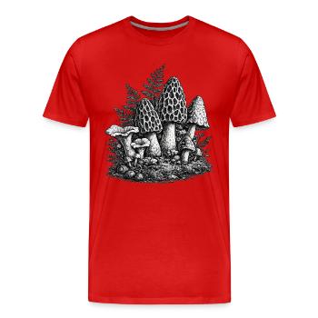 Linogravure vintage aux champignons forestiers - T-shirt bio Premium Homme - rouge - Devant - Damien (186cm)