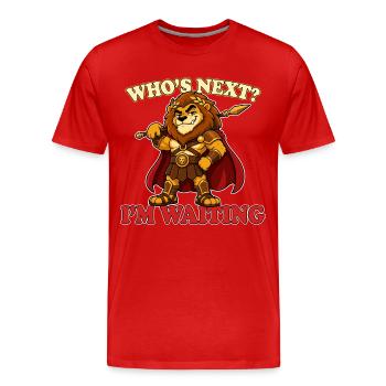 Qui est le prochain J’attends : Mascotte gladiatrice Lion drôle - T-shirt bio Premium Homme - rouge - Devant - Damien (186cm)