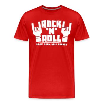 Texte rock’n’roll carré avec des cornes de doigts - T-shirt bio Premium Homme - rouge - Devant - Damien (186cm)