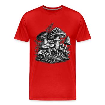 Linogravure vintage aux champignons forestiers - T-shirt bio Premium Homme - rouge - Devant - Damien (186cm)
