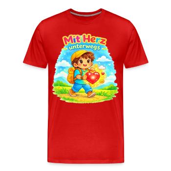  Mit Herz unterwegs - macht die Welt besser - Männer Premium Bio T-Shirt - Rot - Vorne - Damien (186cm)