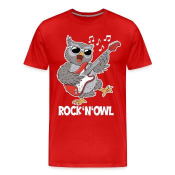Rock N’Owl – Owl avec guitare électrique - T-shirt bio Premium Homme - rouge - Devant - Damien (186cm)