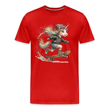 Skater unicorn with rainbow mane - Men's Premium Organic T-Shirt - red - Front - Damien (186cm)