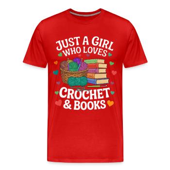 crochet_and_books Mädchen liebt Häkeln und Bücher - Männer Premium Bio T-Shirt - Rot - Vorne - Damien (186cm)