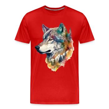 Wolf Wolfskopf Natur Wildnis Wald Bäume Kunst - Männer Premium Bio T-Shirt - Rot - Vorne - Damien (186cm)