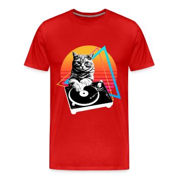 Cat joue de la musique sur un disque vinyle - T-shirt bio Premium Homme - rouge - Devant - Damien (186cm)