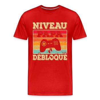 Annonce Grossesse Futur Papa Niveau Papa Débloqué - T-shirt bio Premium Homme - rouge - Devant - Damien (186cm)