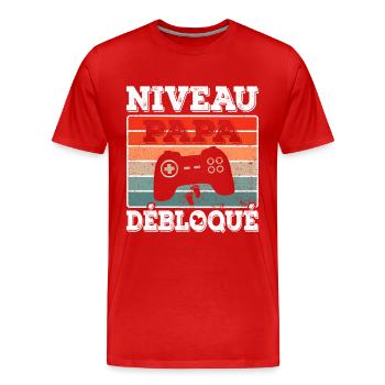 Futur Papa Annonce Grossesse Niveau Papa Débloqué - T-shirt bio Premium Homme - rouge - Devant - Damien (186cm)
