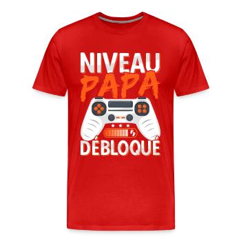 Annonce Grossesse Futur Papa Niveau Papa Débloqué - T-shirt bio Premium Homme - rouge - Devant - Damien (186cm)