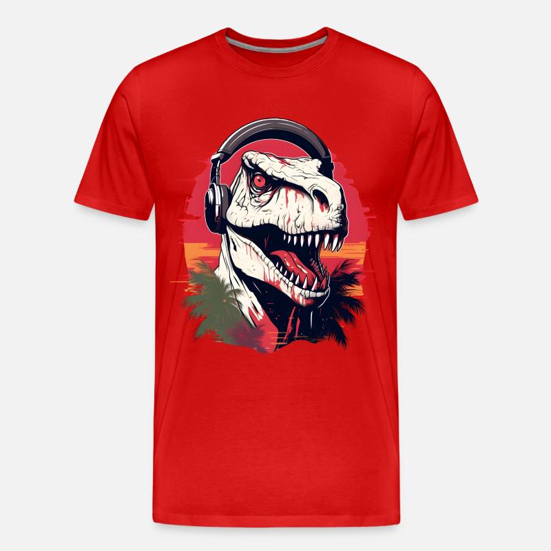 Dinosaurier mit Kopfhörer - Männer Premium Bio T-Shirt - Rot