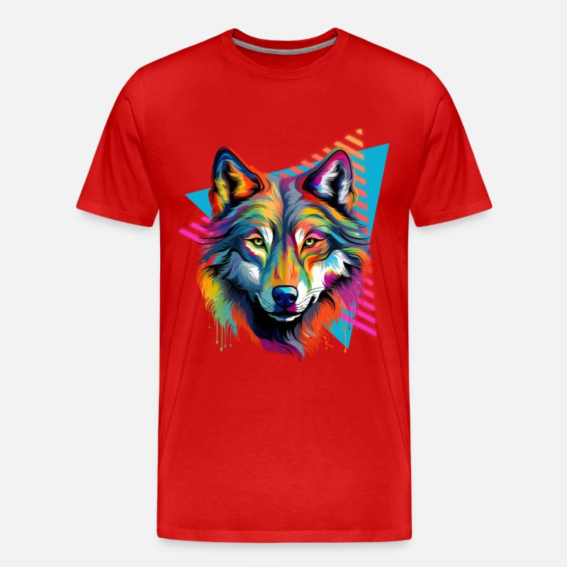Bunter Wolf Farbspritzer Farbkleckse - Männer Premium Bio T-Shirt - Rot