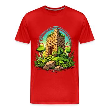 Auf ins Abenteuer – Ruine mit wilder Natur - Männer Premium Bio T-Shirt - Rot - Vorne - Damien (186cm)