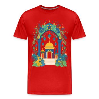 Indian temple with columns, flowers and peacock - Men's Premium Organic T-Shirt - red - Front - Damien (186cm)