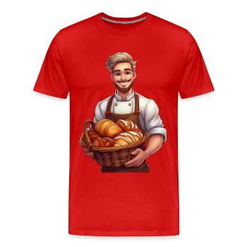 Un boulanger avec un panier rempli de produits de boulangerie - T-shirt bio Premium Homme - rouge - Devant - Damien (186cm)