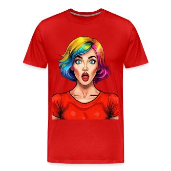 Verrückte, erstaunte, junge Frau - Männer Premium Bio T-Shirt - Rot - Vorne - Damien (186cm)