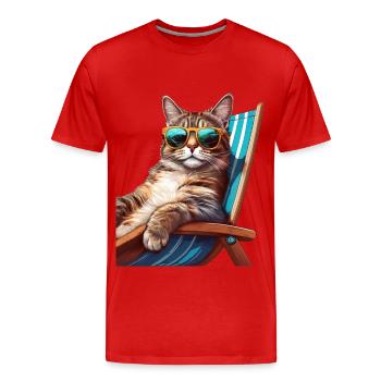 Cat with sunglasses on deck chair on beach - Men's Premium Organic T-Shirt - red - Front - Damien (186cm)