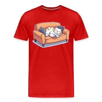 Katze Verschlafen Müde Couch Sofa Lustig Cartoon - Männer Premium Bio T-Shirt - Rot - Vorne - Damien (186cm)