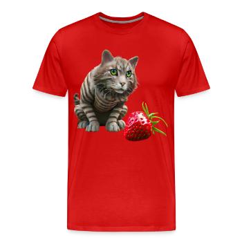 Katze vor riesiger Erdbeere - Männer Premium Bio T-Shirt - Rot - Vorne - Damien (186cm)