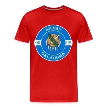 Norman Oklahoma Flag USA Travel Souvenir Badge - T-shirt bio Premium Homme - rouge - Devant - Damien (186cm)