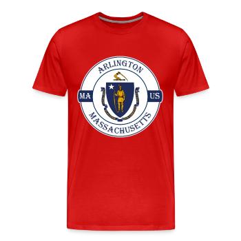 Arlington Massachusetts Flag USA Souvenir Badge - Men's Premium Organic T-Shirt - red - Front - Damien (186cm)