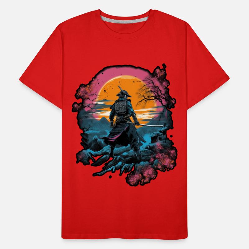 Chinese Warrior emerging from sunset, vector T-shirt bio Premium Homme