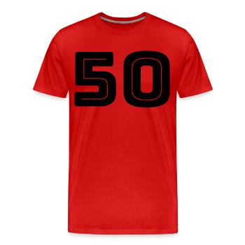 Numéro 50 - Anniversaire - Numéro de maillot - T-shirt bio Premium Homme - rouge - Devant - Damien (186cm)