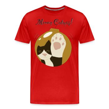 Meowy Catmas gold ball, tuxedo cat - Men's Premium Organic T-Shirt - red - Front - Damien (186cm)
