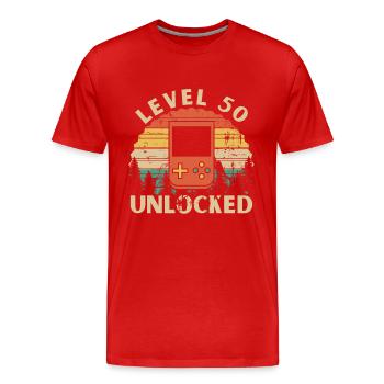 Level 50 Unlocked - Men's Premium Organic T-Shirt - red - Front - Damien (186cm)