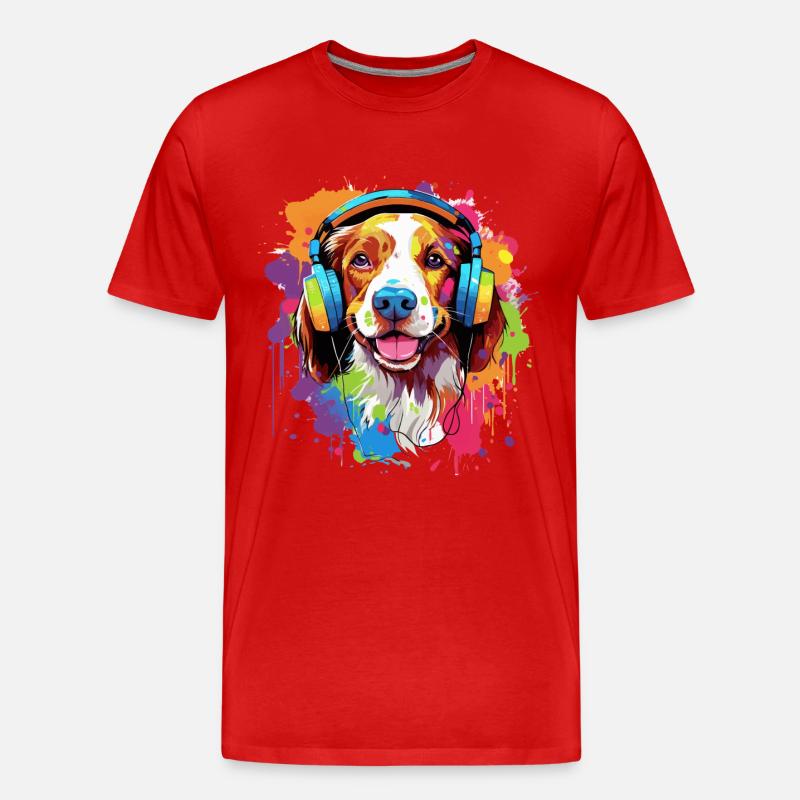 Bunter Brittany Hund mit Kopfhörer - Männer Premium Bio T-Shirt - Rot