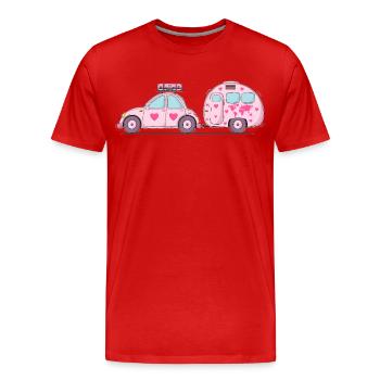 Car with caravan and suitcase in pink heart - Men's Premium Organic T-Shirt - red - Front - Damien (186cm)