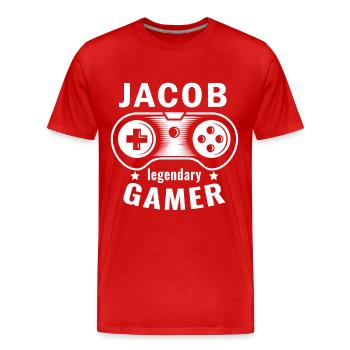 JACOB Legendary Gamer Personalized Name Gift - Männer Premium Bio T-Shirt - Rot - Vorne - Damien (186cm)