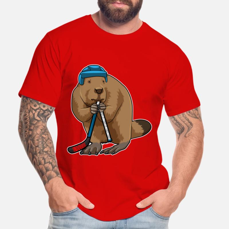 Biber beim Eishockey mit Eishockeyschläger Männer Premium Bio T-Shirt