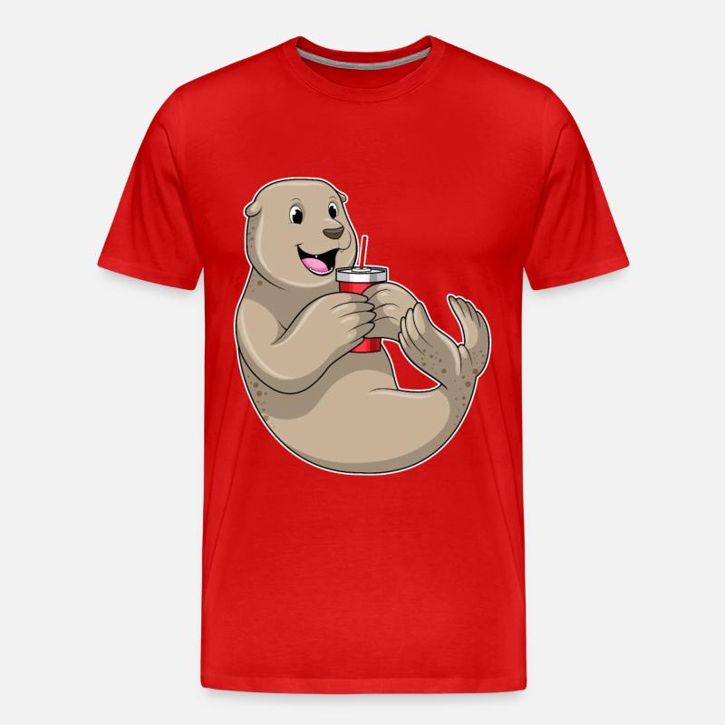 Seehund mit Becher mit Strohhalm - Männer Premium Bio T-Shirt - Rot