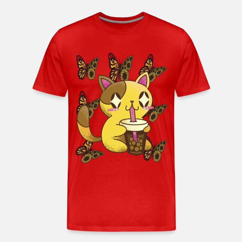 Nette Katze mit Sonnenblumen-Schmetterlings-Tee-Ka - Männer Premium Bio T-Shirt - Rot