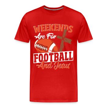 Les week-ends sont pour le football et Jésus américain - T-shirt bio Premium Homme - rouge - Devant - Damien (186cm)