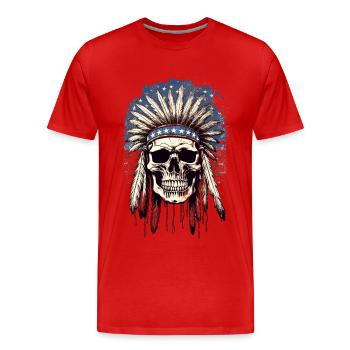 Crâne Chef Indien Plume Coiffe Amérique - T-shirt bio Premium Homme - rouge - Devant - Damien (186cm)