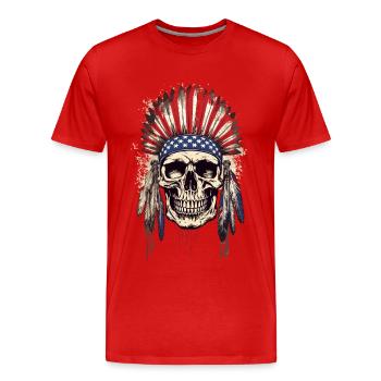 Skull Indian Chief Feather Headdress USA - Men's Premium Organic T-Shirt - red - Front - Damien (186cm)