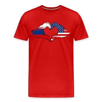 Forme de coeur Russie USA avec mains utilisées - T-shirt bio Premium Homme - rouge - Devant - Damien (186cm)