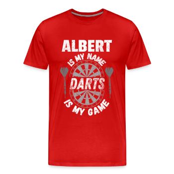 Darter Albert, personalisiertes Dart-Fan-Design - Männer Premium Bio T-Shirt - Rot - Vorne - Damien (186cm)