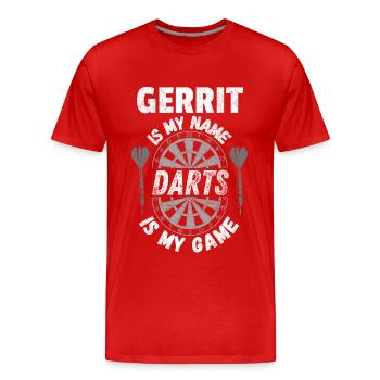 Vintage, worn-out look Dart shirt design - Men's Premium Organic T-Shirt - red - Front - Damien (186cm)