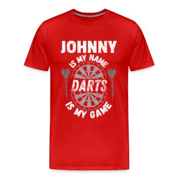 Personalised dart shirt by name Johnny, darts fan - Men's Premium Organic T-Shirt - red - Front - Damien (186cm)