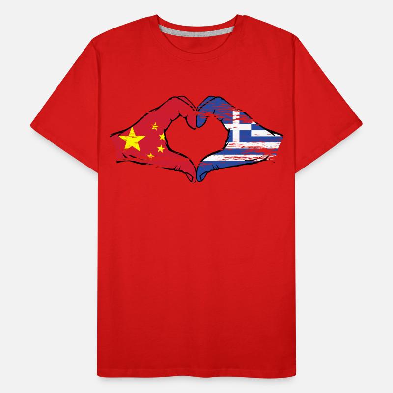 Chine Grèce Drapeau Mains Coeur Forme Utilisé T-shirt bio Premium Homme