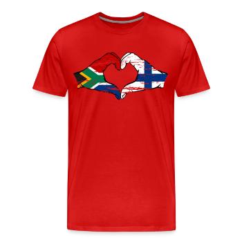 Afrique du Sud Finlande Drapeau Mains Coeur Forme Utilisé - T-shirt bio Premium Homme - rouge - Devant - Damien (186cm)