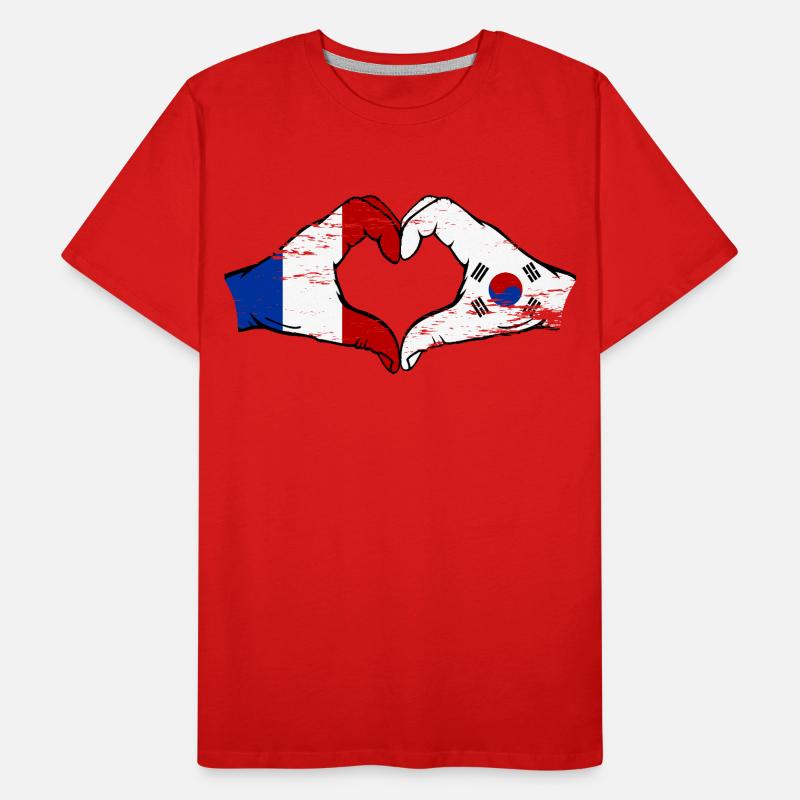 France Corée du Sud Drapeau Mains Coeur Forme Utilisé T-shirt bio Premium Homme