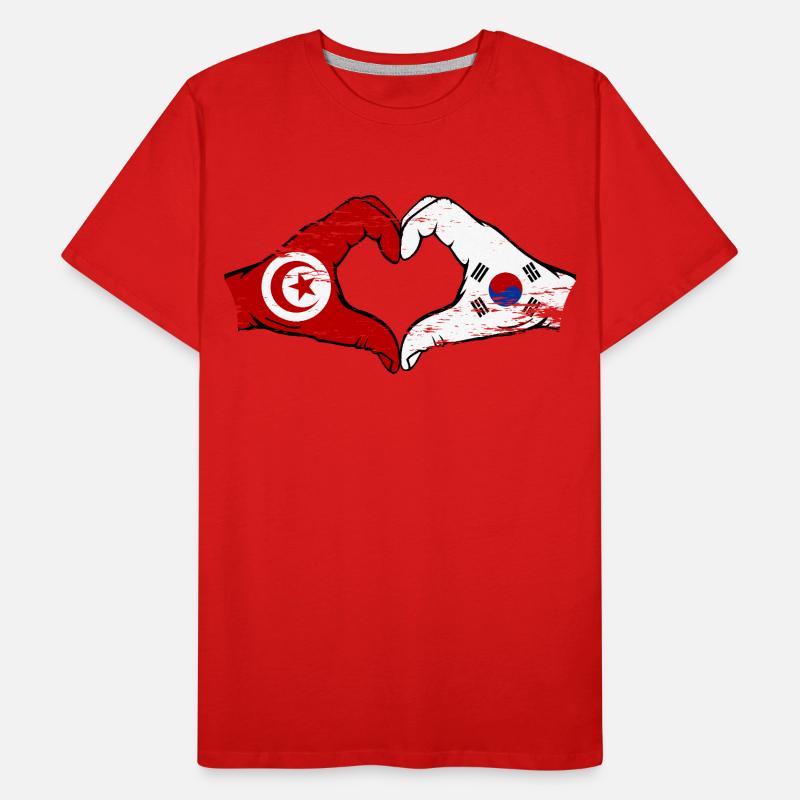 Tunisie Corée du Sud Drapeau Mains Coeur Forme Utilisé T-shirt bio Premium Homme