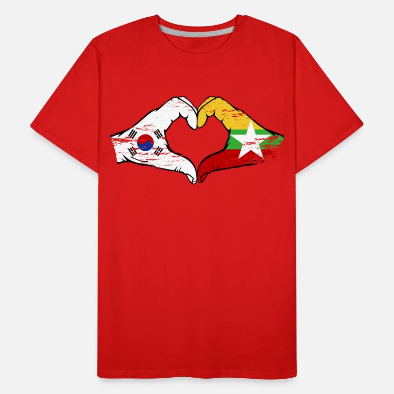 Corée du Sud Myanmar drapeau mains forme de coeur utilisé T-shirt bio Premium Homme