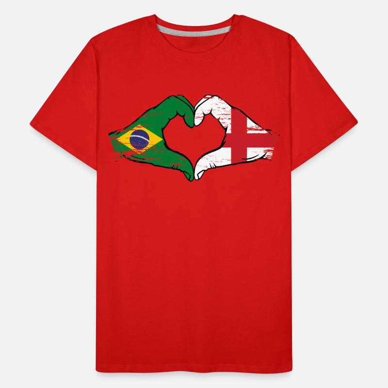 Brésil Angleterre drapeau mains forme de coeur utilisé T-shirt bio Premium Homme