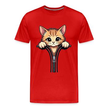 Neugierige Katze hinter einem Reißverschluss - Männer Premium Bio T-Shirt - Rot - Vorne - Damien (186cm)