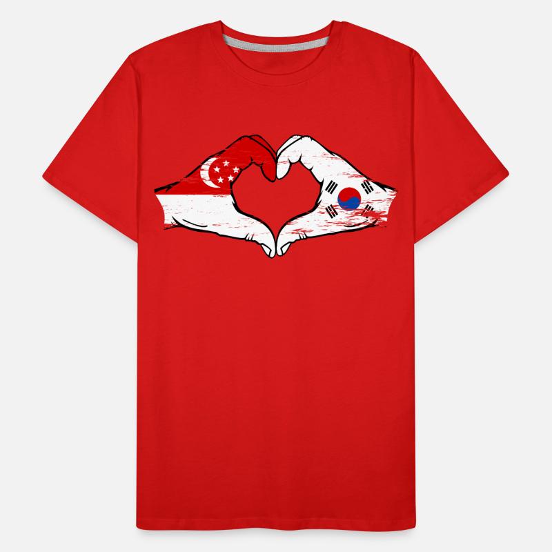 Singapour Drapeau de la Corée du Sud mains forme de coeur utilisé T-shirt bio Premium Homme